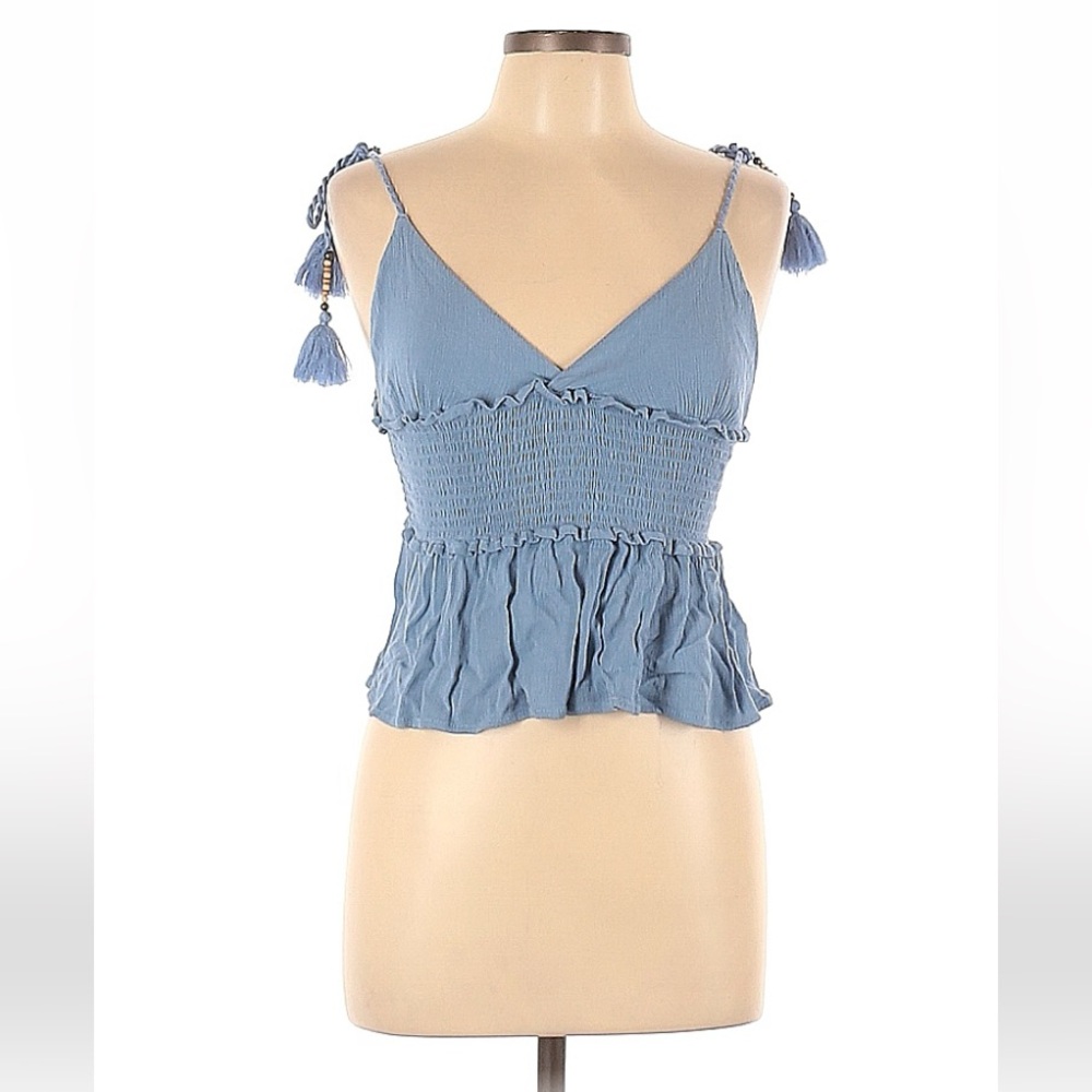 EUC Ocean Drive Clothing Co. blue ruched top with tassel ties